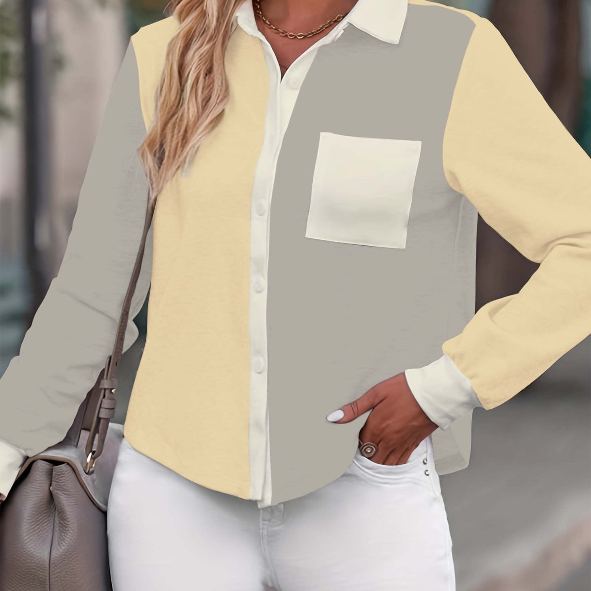  Colorblock Button Up Long Sleeve Blouse