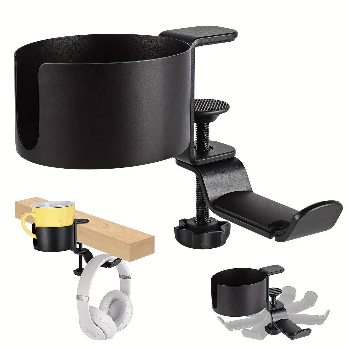 Desk Cup Holder Clamp & Headphone Hanger - Anti-Spill Coffee Holder