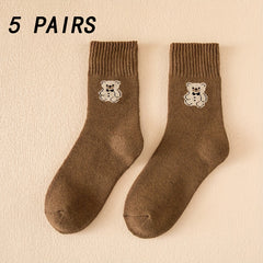 5 Pairs Bear Print Socks Comfy Mid Tube Women's Stockings