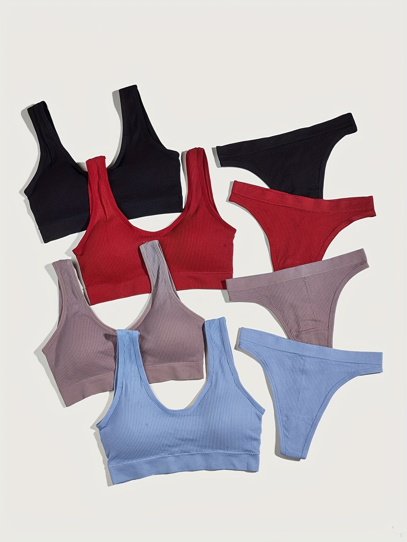 Solid Ribbed Push Up Bra & Thong Lingerie Set
