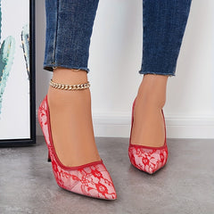 Floral Lace High Heels Pointed Toe Stiletto Slip On Pumps
