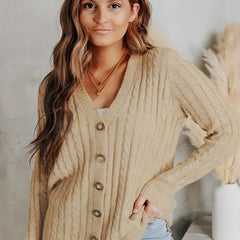  Solid Cable Button Long Sleeve Cardigan