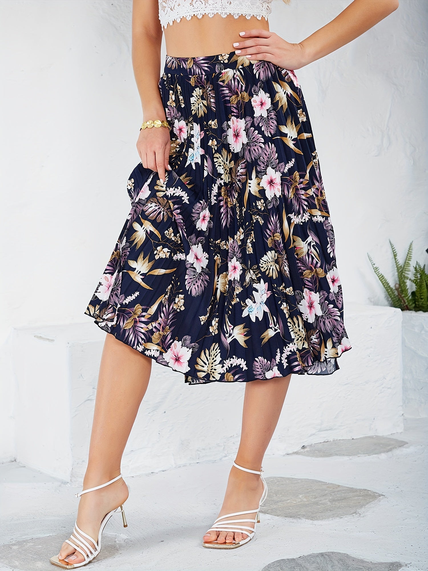 Vintage Flower Print Skirts Pleated A Line Summer Skirts Women's Clothing