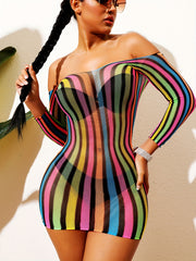 Striped Print Cover Up Dress Long Sleeves Swimwear