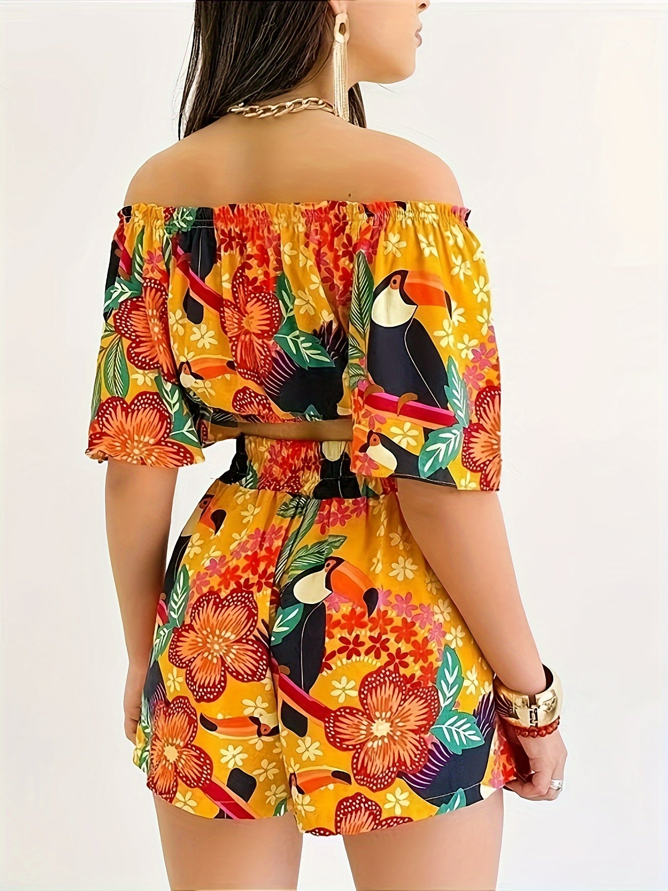  Boho Floral Off Shoulder Crop Top & Shorts Set