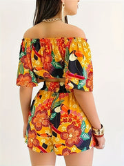  Boho Floral Off Shoulder Crop Top & Shorts Set