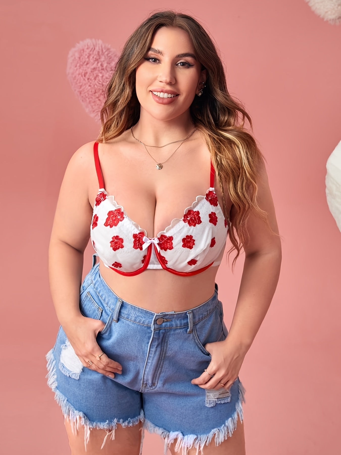  Sexy Bra Women's Plus Floral Print Bow Knot Contrast Mesh Lingerie