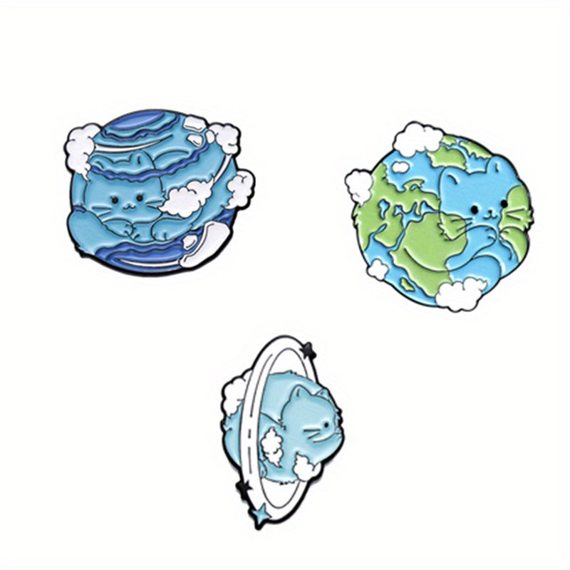 Planet Cat Enamel Brooches Pins Earth Brooches Lapel Badges Animal Jewelry Gift