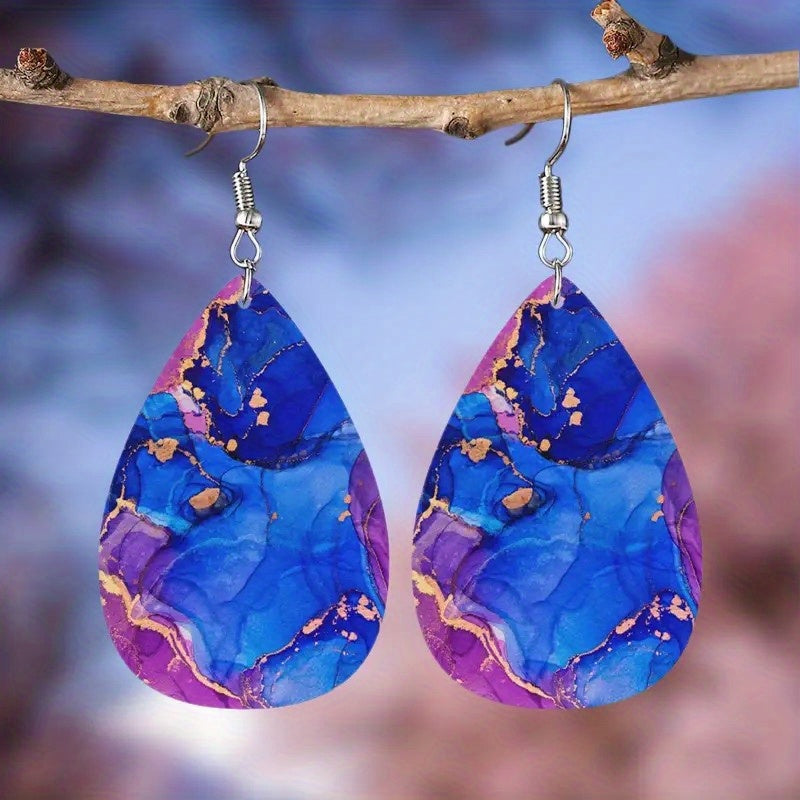 Purple Pattern Teardrop Dangle Earrings PU Leather Jewelry
