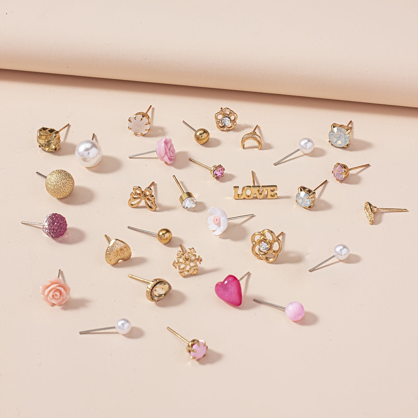 30 Pairs Assorted Stud Earrings Set with Zircon and Flower Designs