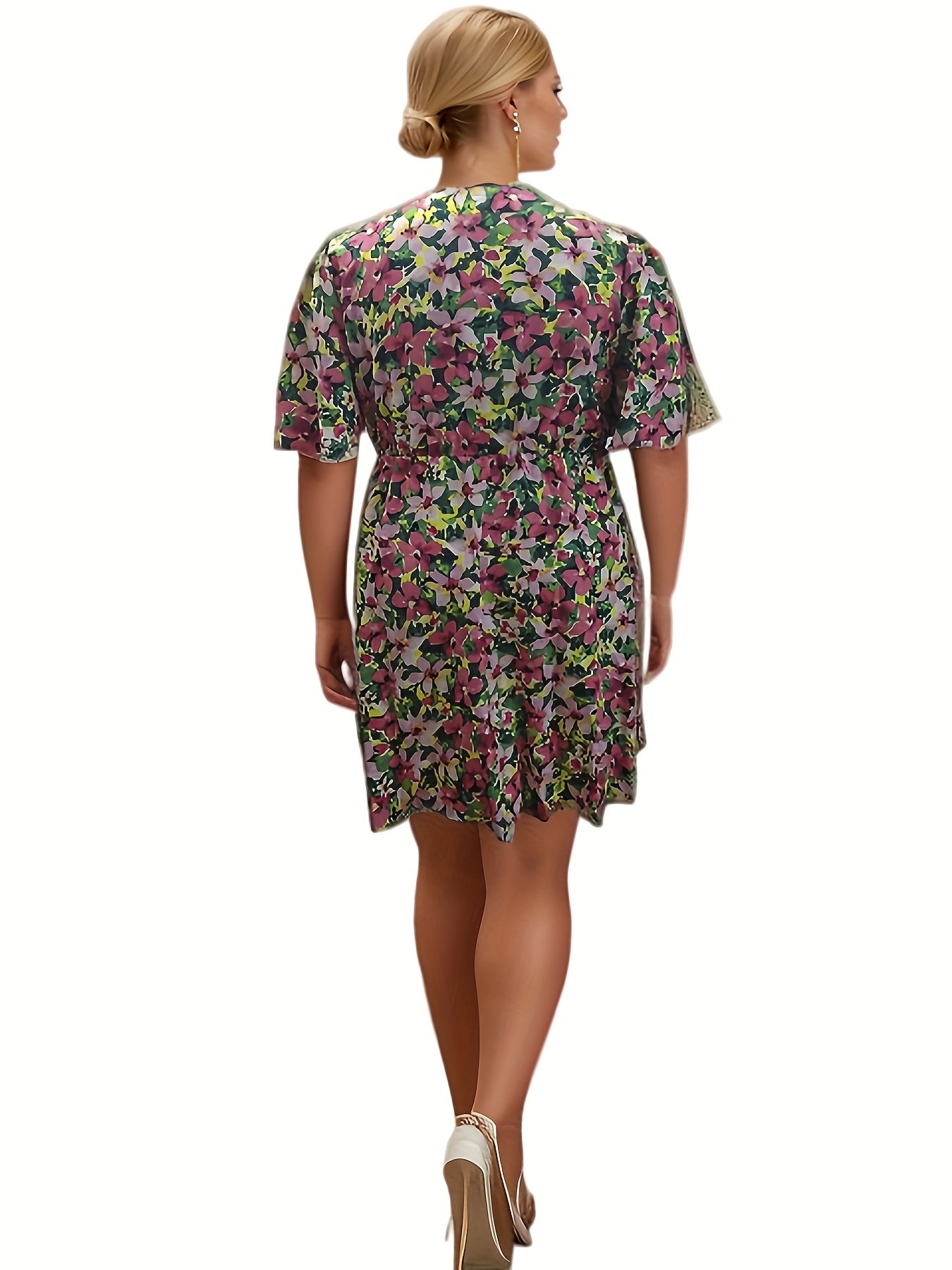  Floral Print Short Sleeve Surplice Neck Mini Dress