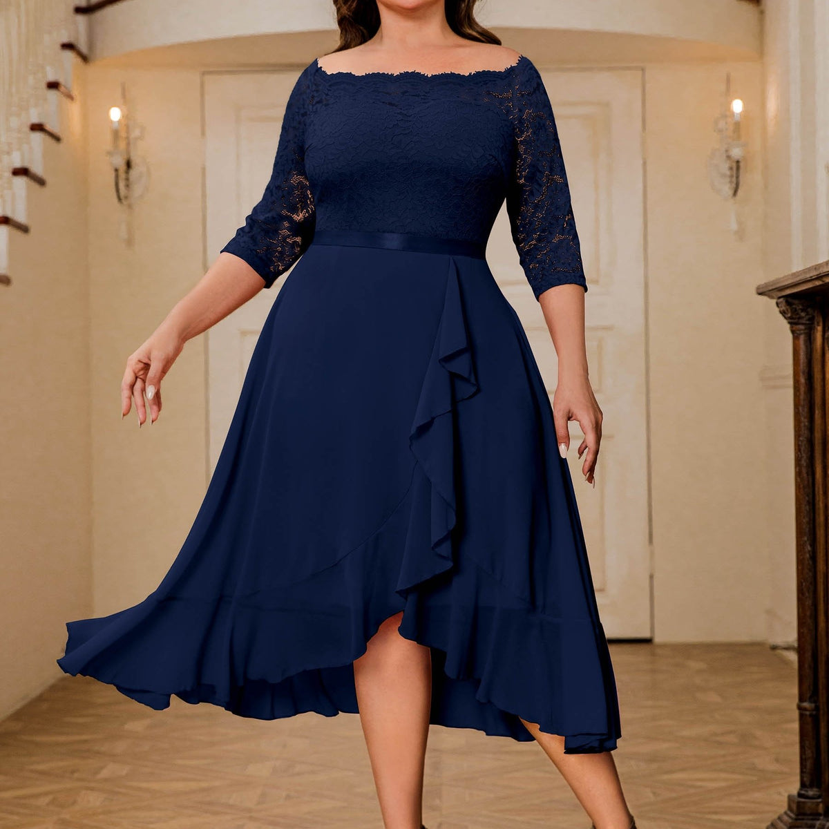  Contrast Lace Off Shoulder Ruffle Trim Formal Dress