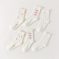 9 Pairs Bow & Floral Print Socks Women's Stockings & Hosiery
