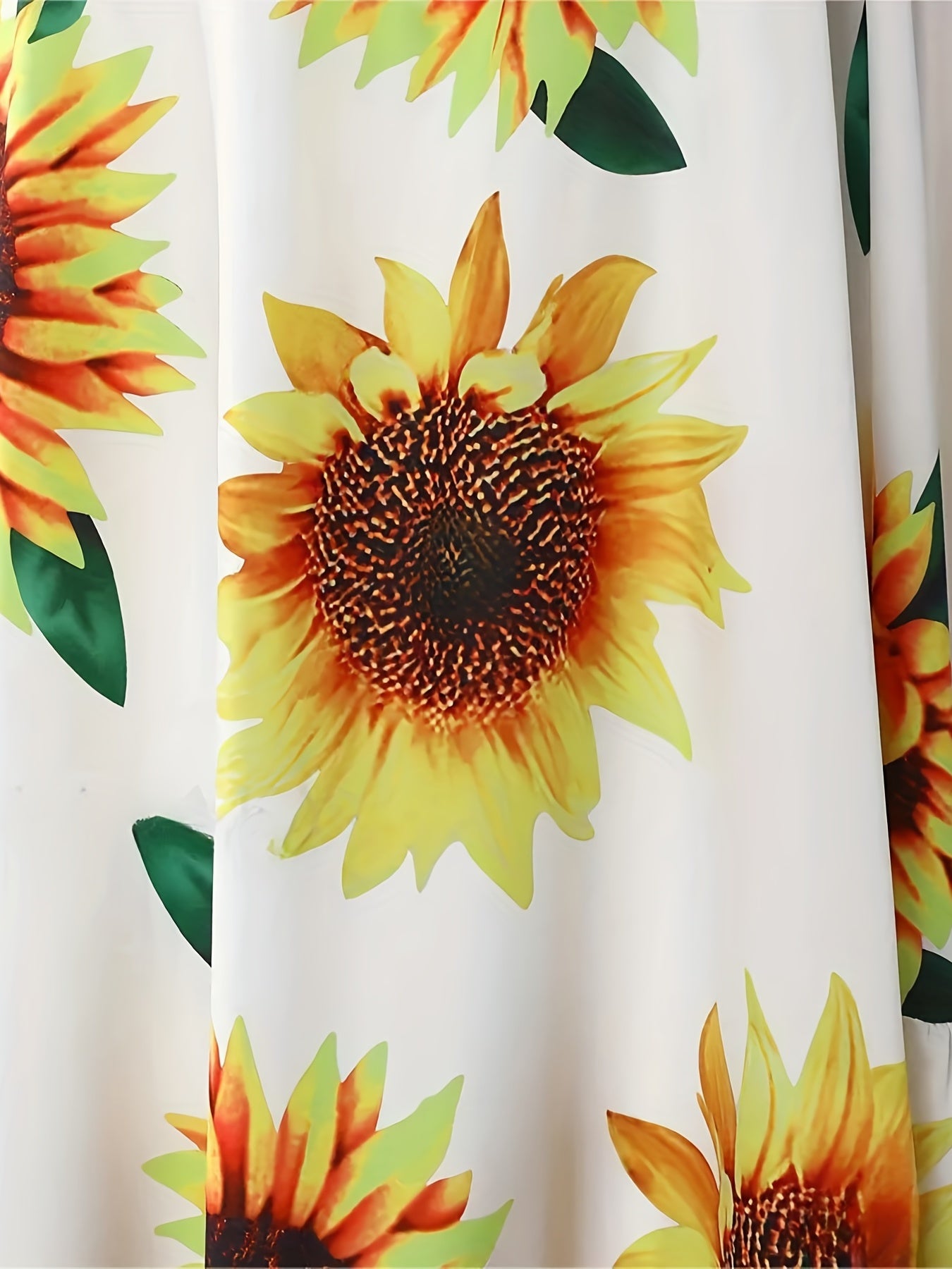  Women's Sunflower Print Bell Sleeve Pleated Dress