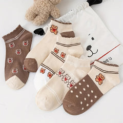 5 Pairs Bear Print Socks Low Cut Ankle Socks Women's Stockings