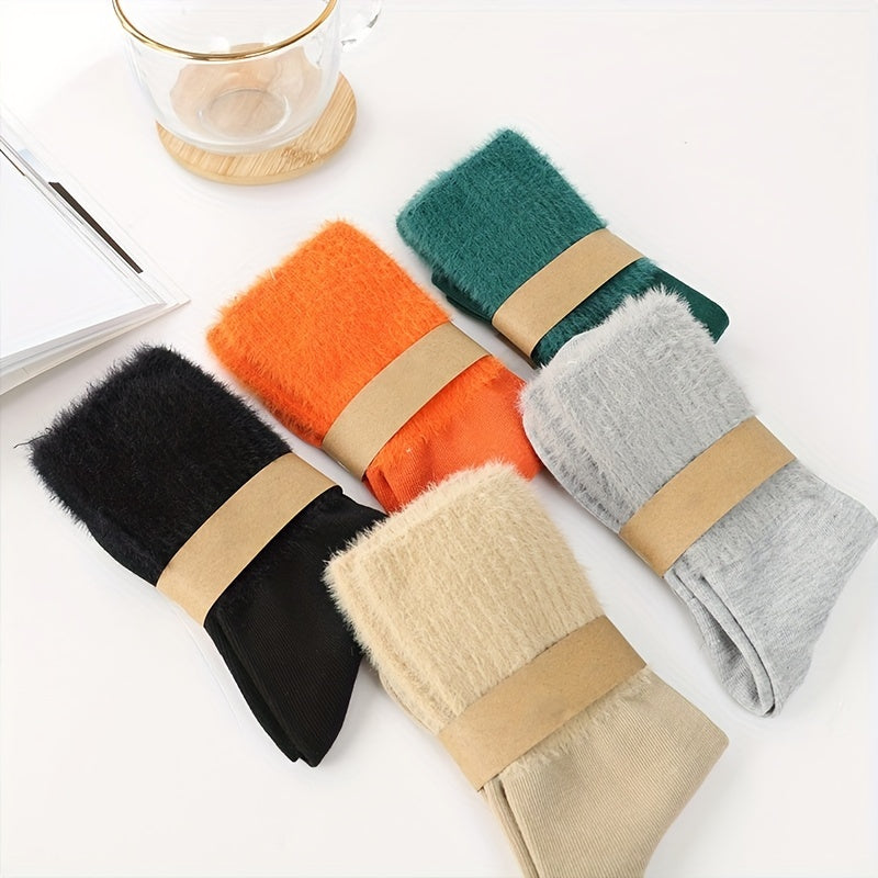 5 Pairs Fuzzy Solid Socks Warm Mid Tube Women's Stockings