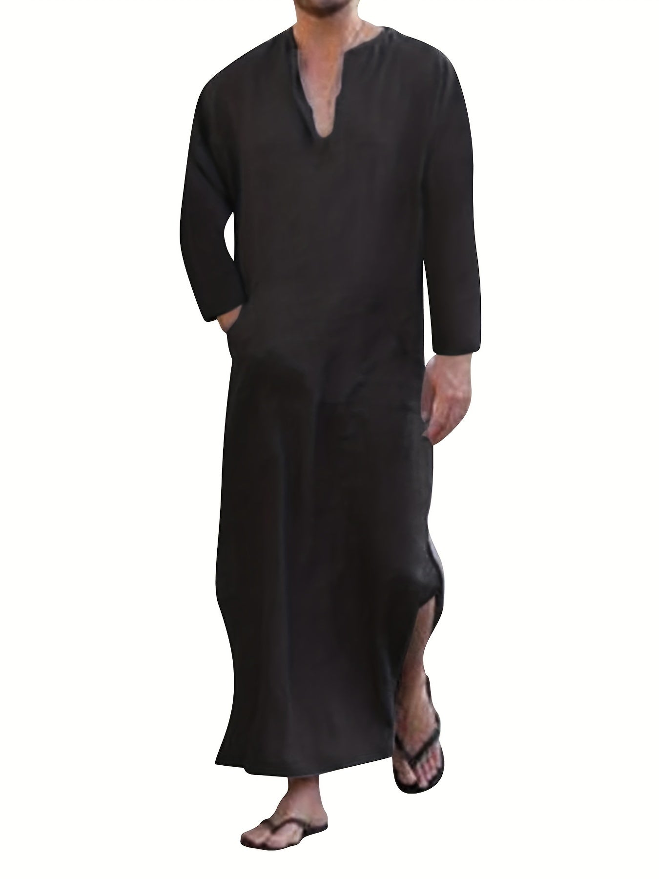 Islamic Arabic Kaftan Men's Long Sleeve V Neck Casual Wear Dubai