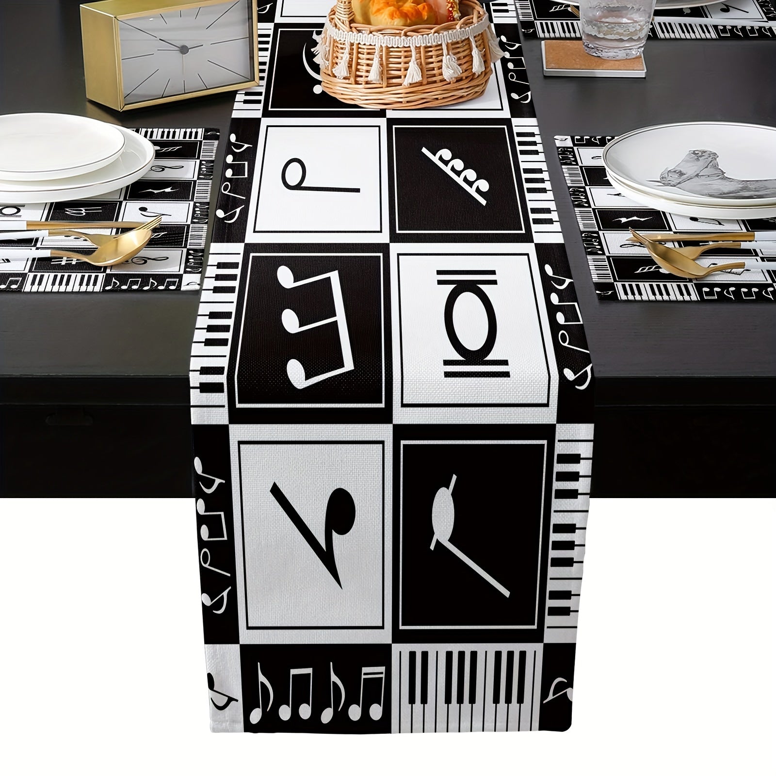 Music Note & Stitching Pattern Linen Table Runner 13x72 Inch