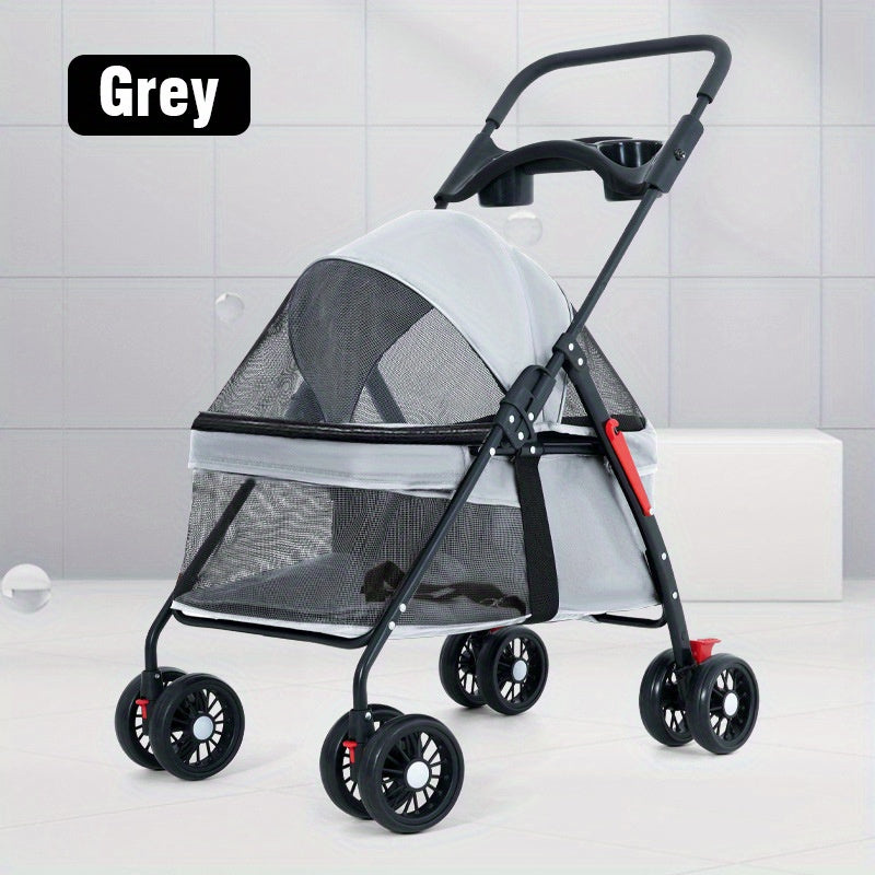 Folding Dog Stroller with Cup Holder & Mesh Window