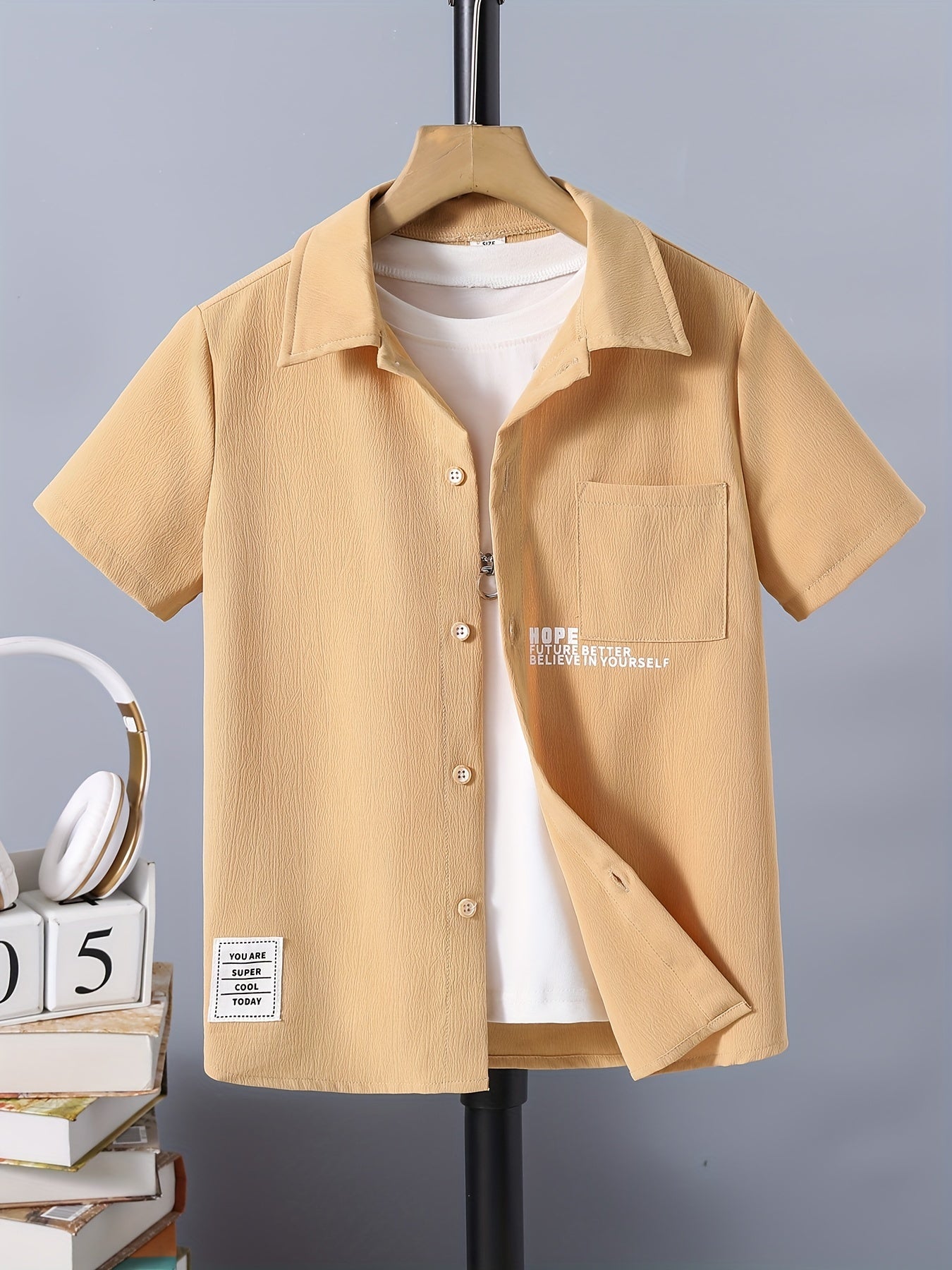 Stylish Letter Graphic Print Boys Casual Short Sleeve Shirt