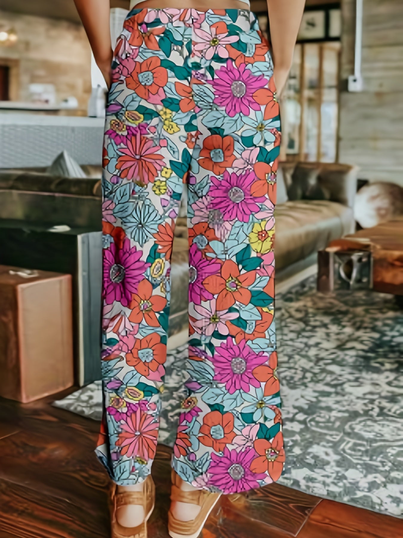  Boho Pants Women's Plus Floral Print Slight Stretch Wide Leg