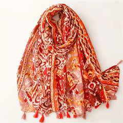 Orange Tie Dye Print Scarf Boho Tassel Shawl Casual Hijab Windproof Head Wrap