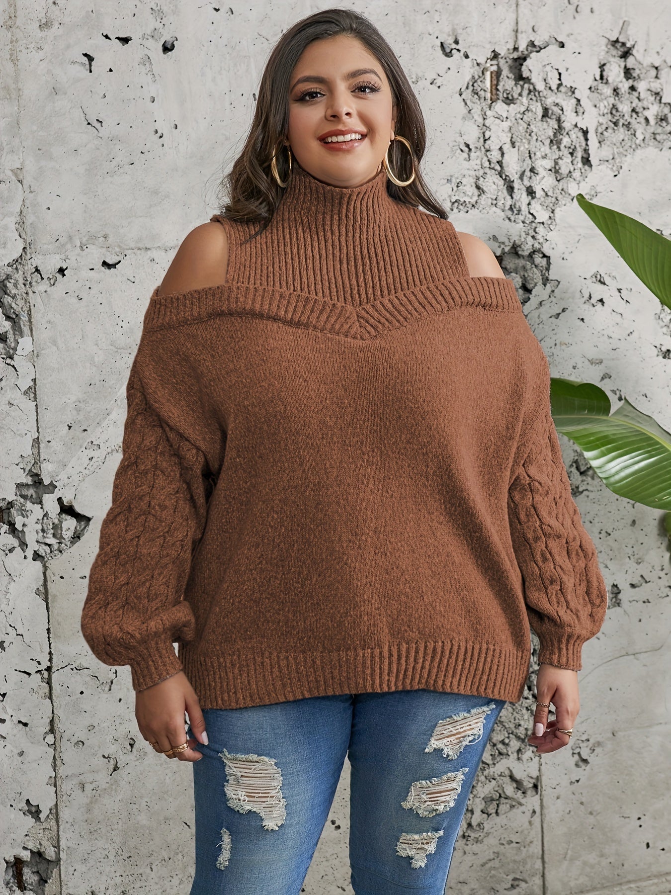 Cold Shoulder Jacquard Sweater Women's Plus Casual Knitwear Tops