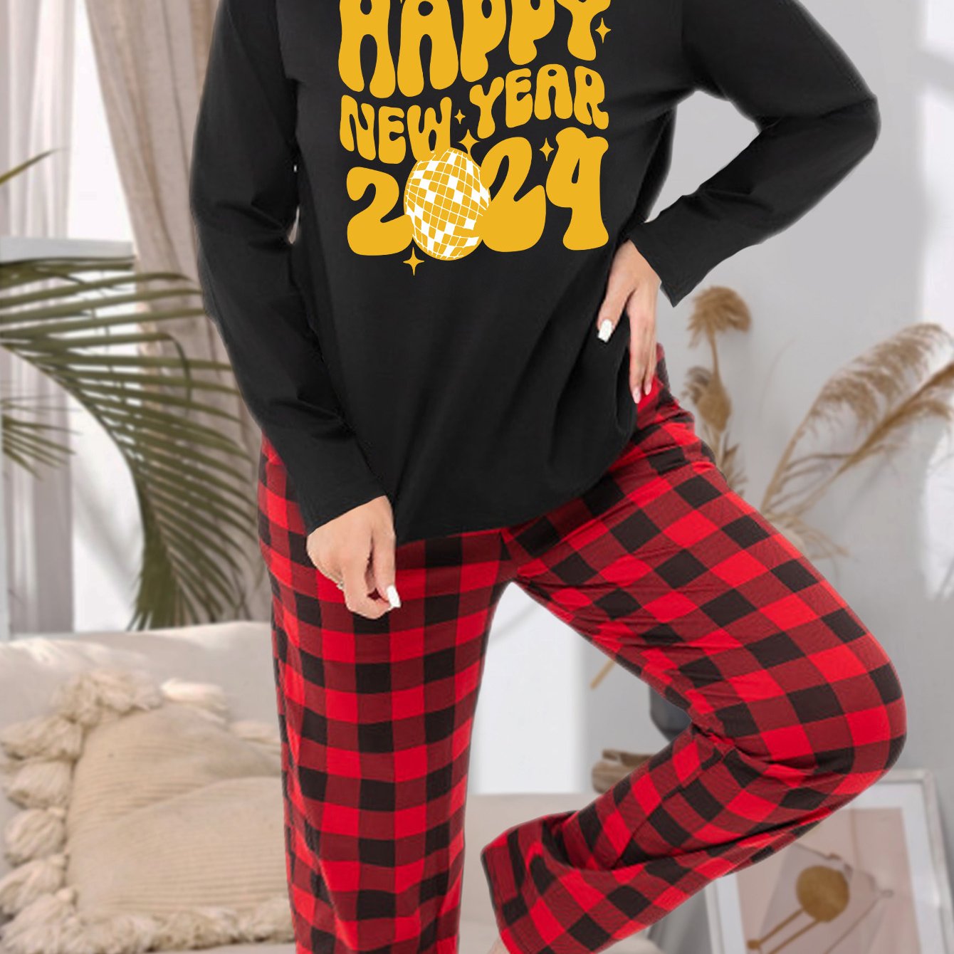  Casual Pajamas Set Women's Plus Tee & Plaid Pants Lounge 2 Piece Set