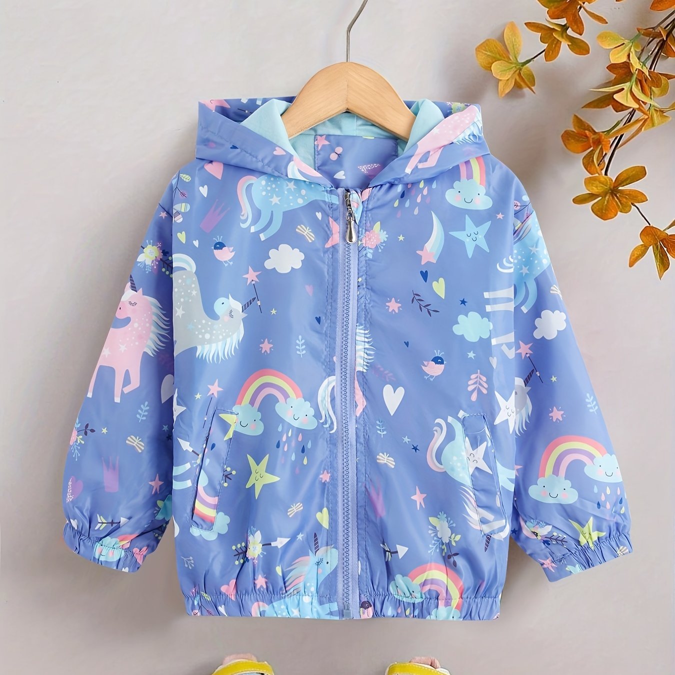 Girls' Unicorn Rainbow Print Hooded Jacket Spring Autumn Kids