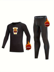 Kids Compression Fleece Set, Deer Pattern, Long Sleeve, Elastic Waist Pants
