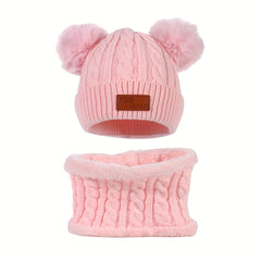 Toddler Winter Pompom Knit Cap Mittens Neck Warmer Set