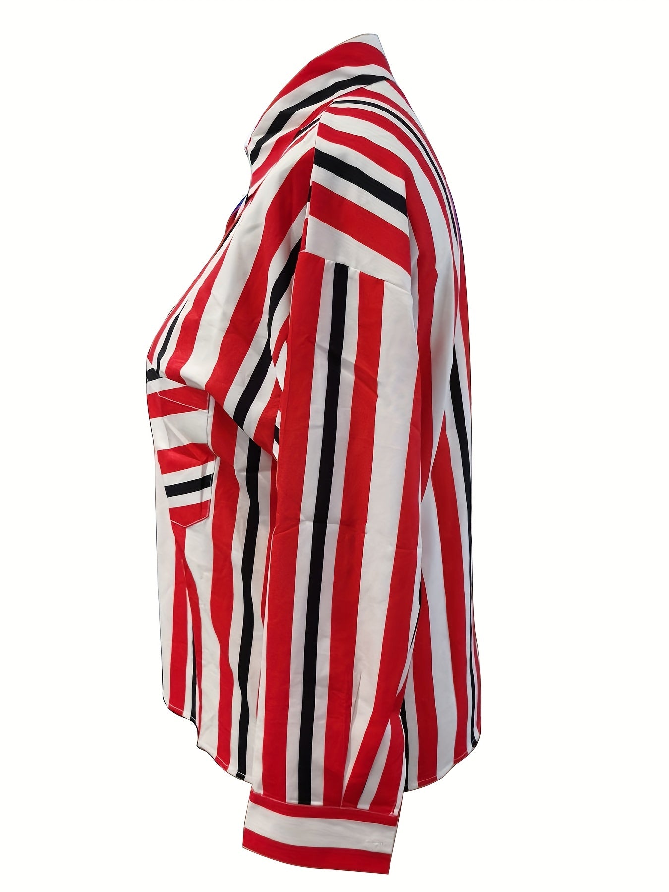  Stripe Print Button Up Long Sleeve Blouse