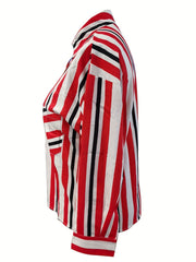  Stripe Print Button Up Long Sleeve Blouse