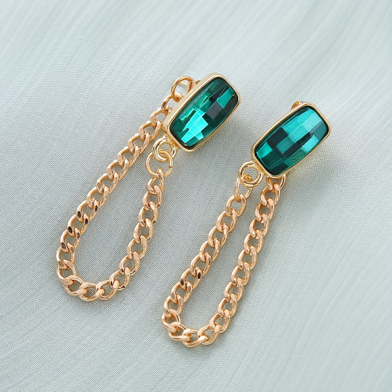 Emerald Glass Chain Stud Earrings Retro Style 18K Plated Jewelry