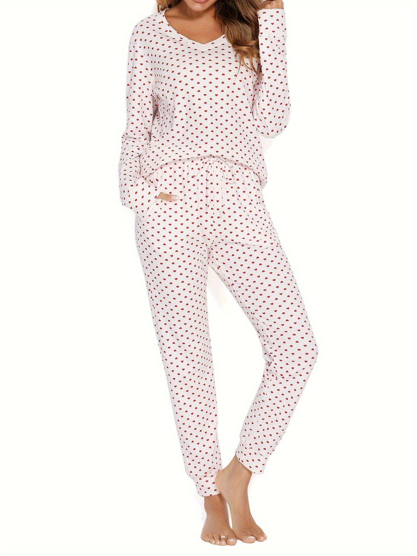 Heart Print Lounge Set Long Sleeve V Neck Top & Pants Women's