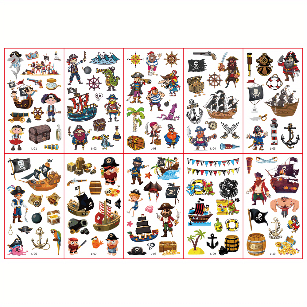 10 Cartoon Tattoo Stickers Waterproof Pirate Theme Fun Party Supplies
