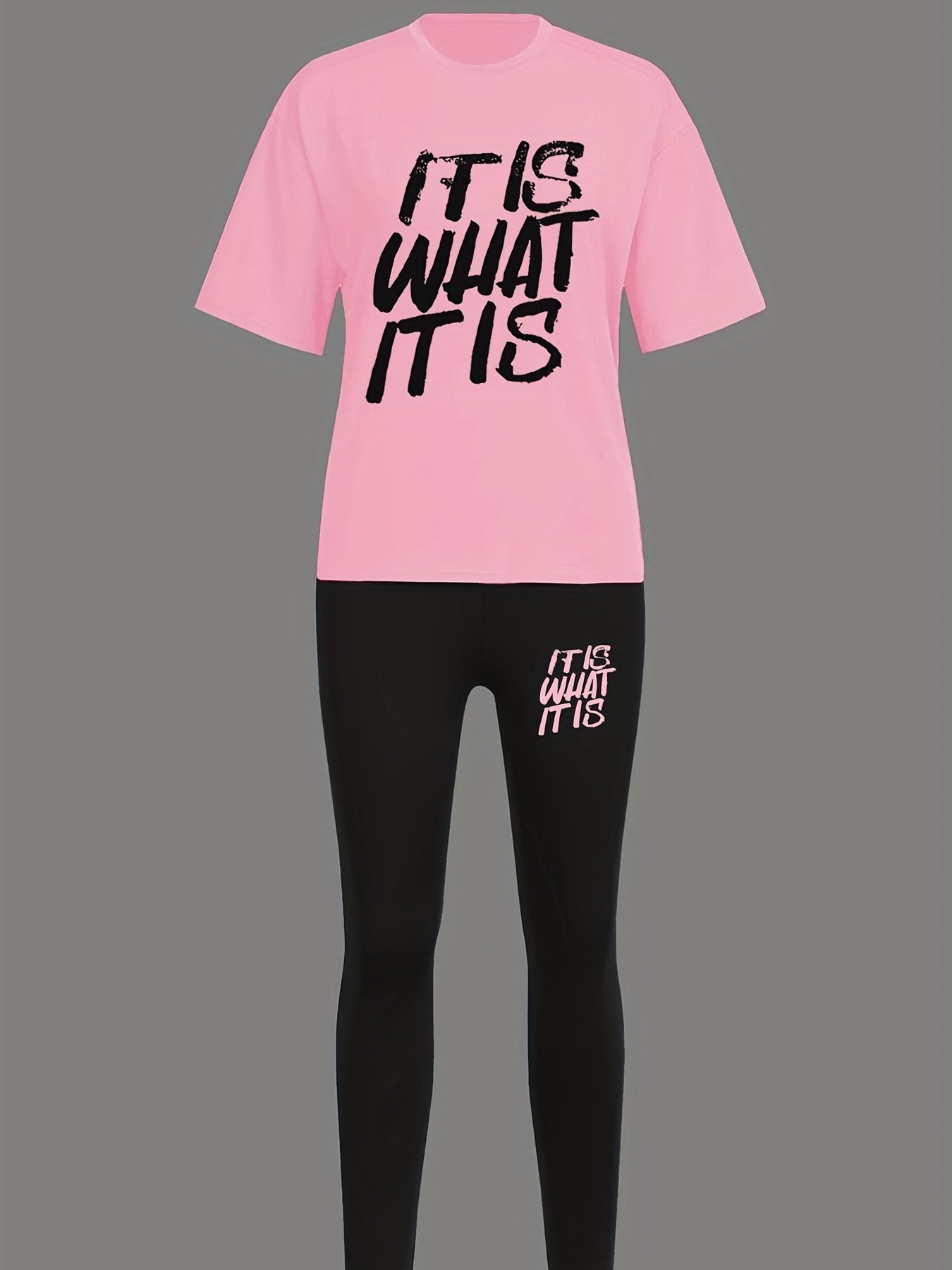Letter Print Matching Set Short Sleeve T shirt & Skinny Pants Casual Outfit