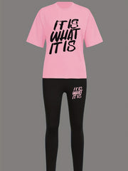 Letter Print Matching Set Short Sleeve T shirt & Skinny Pants Casual Outfit