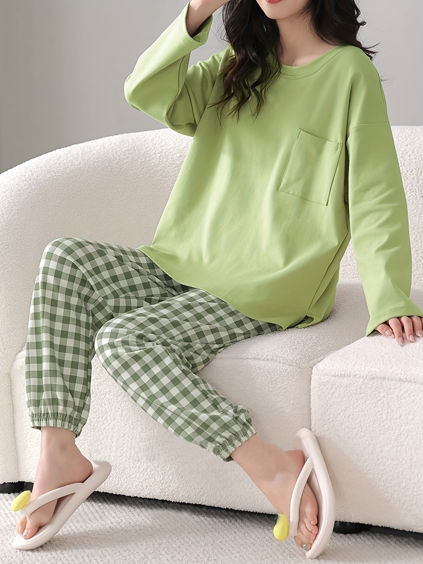 Plaid Print Pajama Set Long Sleeve Crew Neck Top & Elastic Waistband Pants