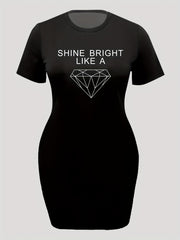  Diamond & Letter Print Round Neck Tee Dress