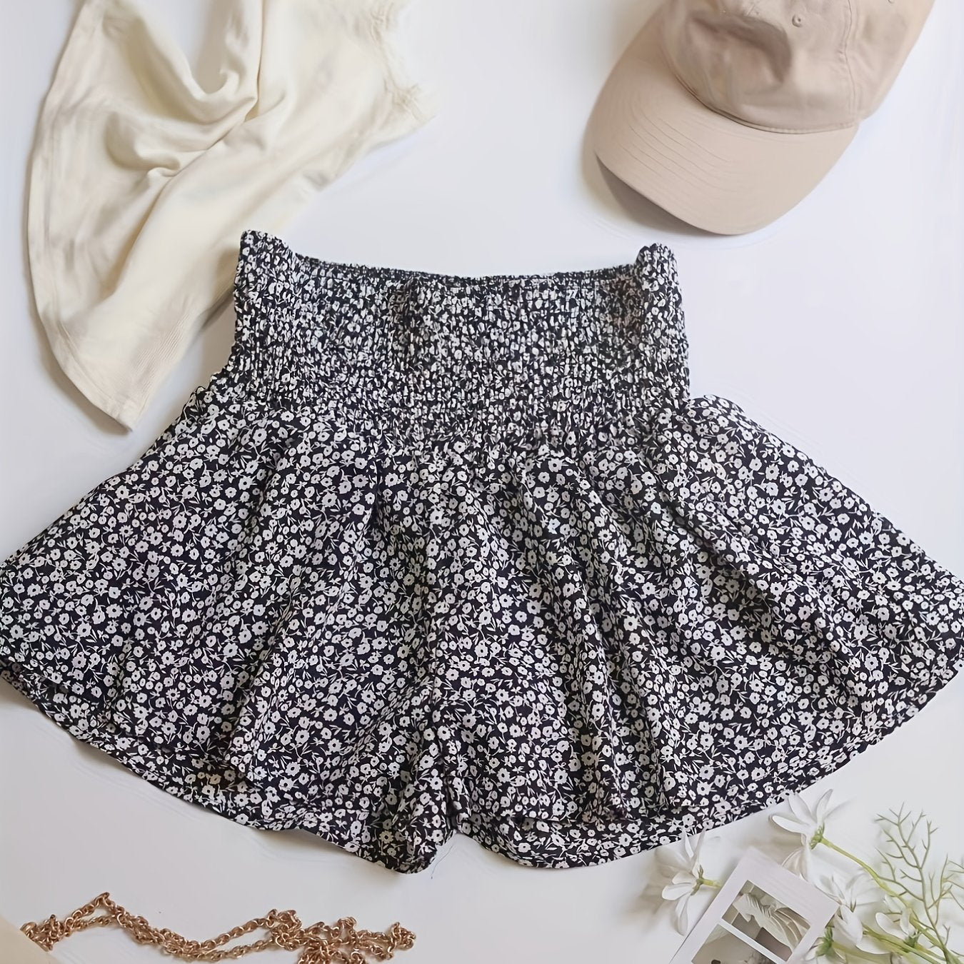 Boho Ditsy Floral Print Skorts Shorts Casual High Waist Ruched Summer Shorts