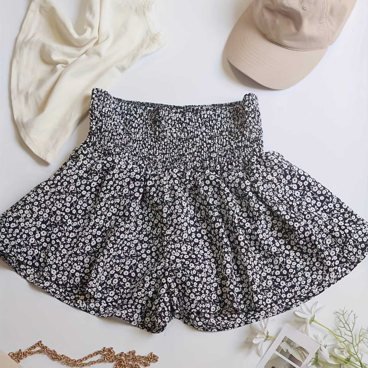Boho Ditsy Floral Print Skorts Shorts Casual High Waist Ruched Summer Shorts