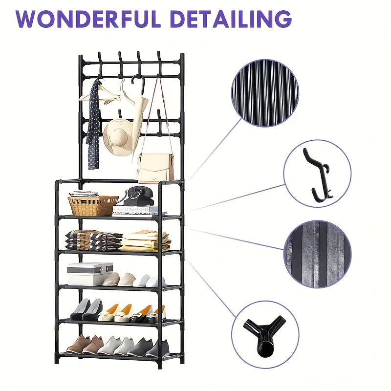 Entrance Coat Rack Foyer Shoe Rack w/ Storage Shelves & Hooks
