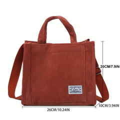 Letter Patch Corduroy Tote Bag Casual Shoulder Bag Retro Style Crossbody Bag