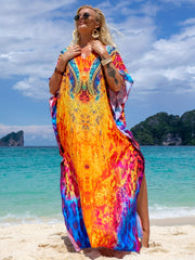  Boho Cover Up Women's Plus Tribal & Leopard Print Batwing Sleeve V Nec