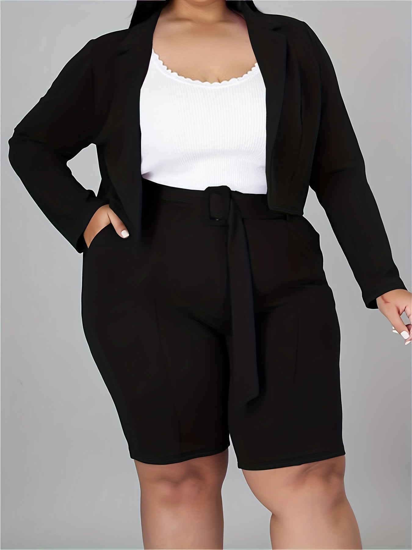  Solid Lapel Collar Blazer & Belted Pants Suit Set