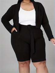  Solid Lapel Collar Blazer & Belted Pants Suit Set