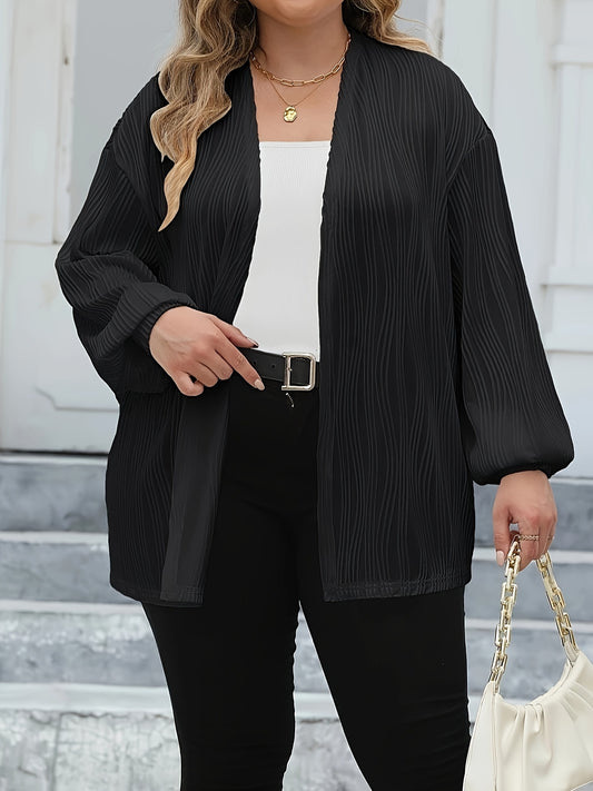  Casual Cardigan Solid Ribbed Lantern Sleeve Open Front