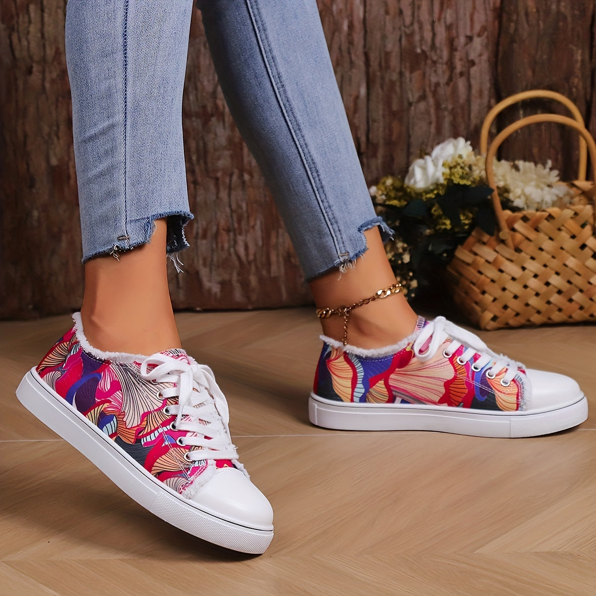 Women's Art Printed Canvas Low Top Sneakers Lace Up Round Toe Casual Shoes