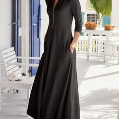  Solid Half Zipper Long Sleeve Maxi Dress